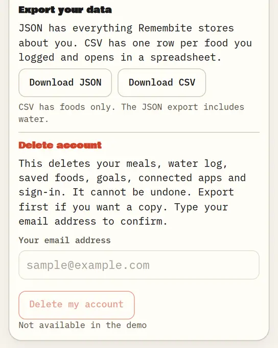 Account: Download JSON, Download CSV and Delete account