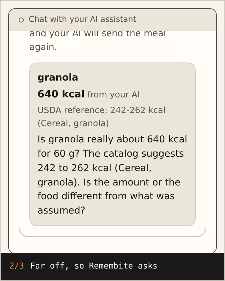 Card asks about 640 kcal of granola, then saved at 252 kcal