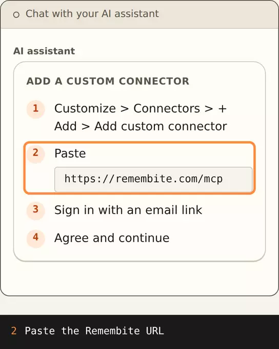 Connector steps: add a custom connector, paste the URL