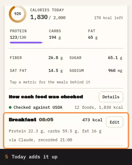 Breakfast saved at 473 kcal, then Today at 1,830 kcal