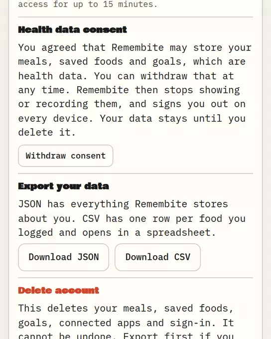 Account: Health data consent with Withdraw consent