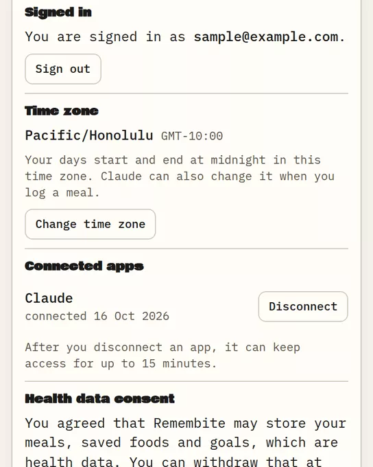 Account: Signed in, Time zone and Connected apps