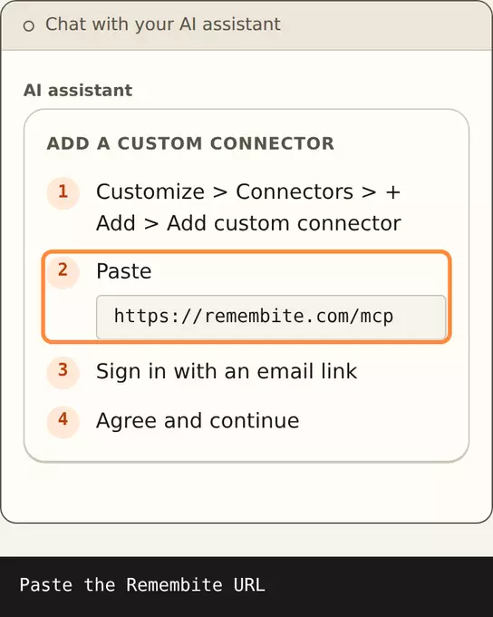 Connector steps: add a custom connector, paste the URL