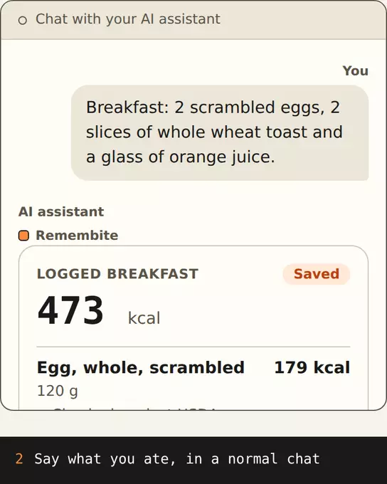 Chat: breakfast described, Remembite card saved at 473 kcal