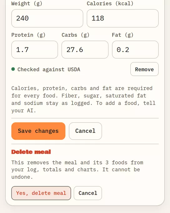 Delete meal: Yes, delete meal or Cancel