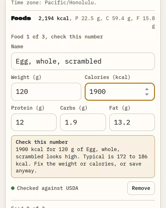Edit meal screen asking to check a number far from reference