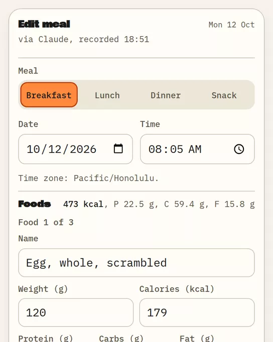 Edit meal: meal type, date, time and each food