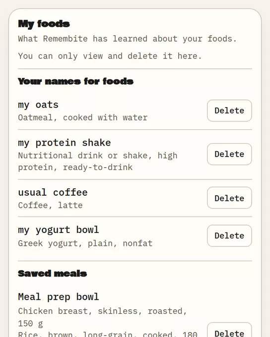 My foods: your names for foods and saved meals