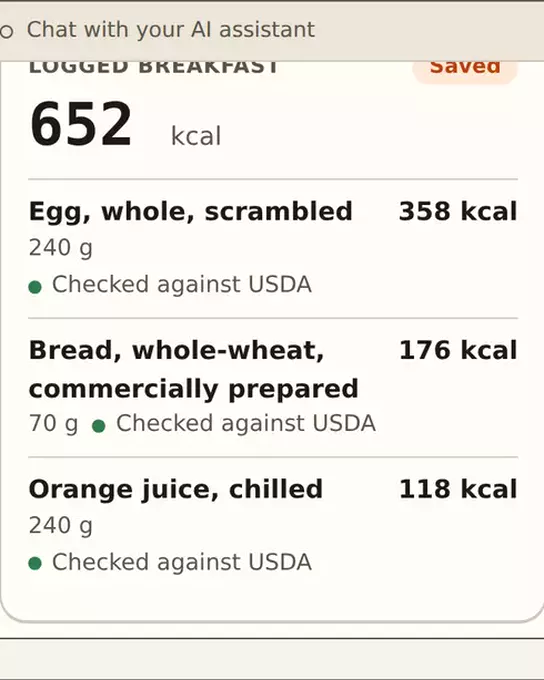 Breakfast repeated with double the eggs, saved at 652 kcal