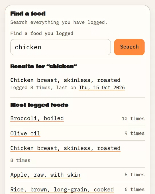 Find a food: results for chicken and most logged foods