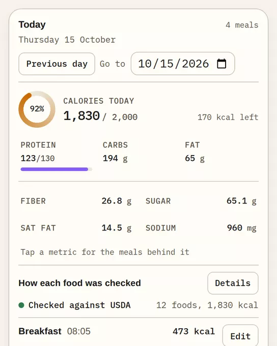 Today: calories against the goal, macros and nutrients