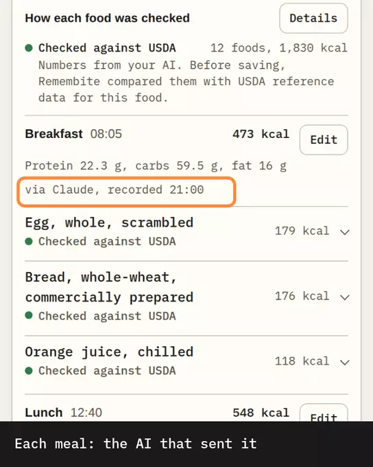 Today: a meal via Claude, foods Checked against USDA