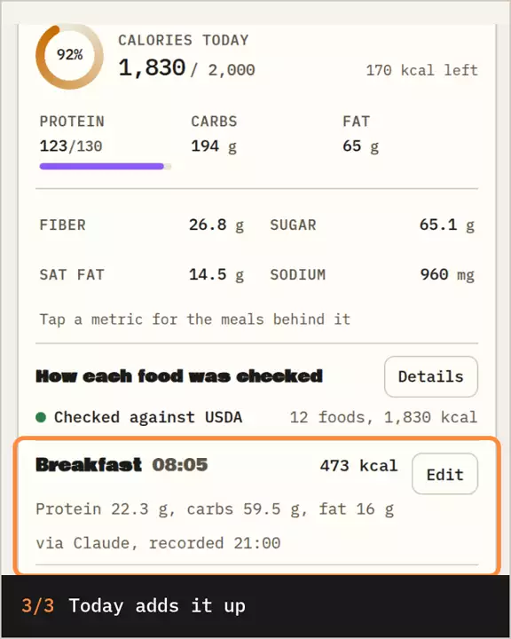 Breakfast saved at 473 kcal, then Today at 1,830 kcal