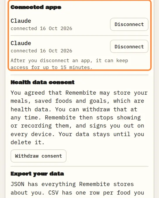 Connected app with a Disconnect button