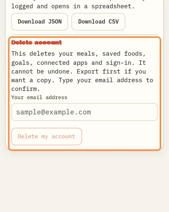 Delete account asking you to type your email