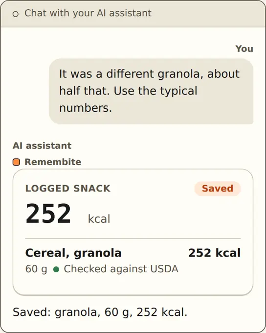 Illustration: chat where the corrected granola entry is saved