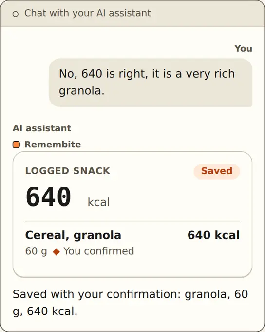 Illustration: chat where the person confirms a rich granola
