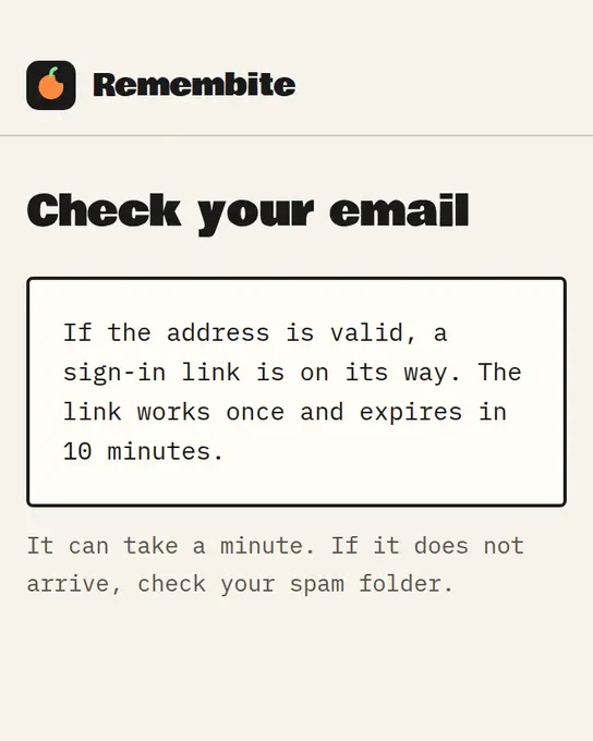 Check your email screen after asking for a link