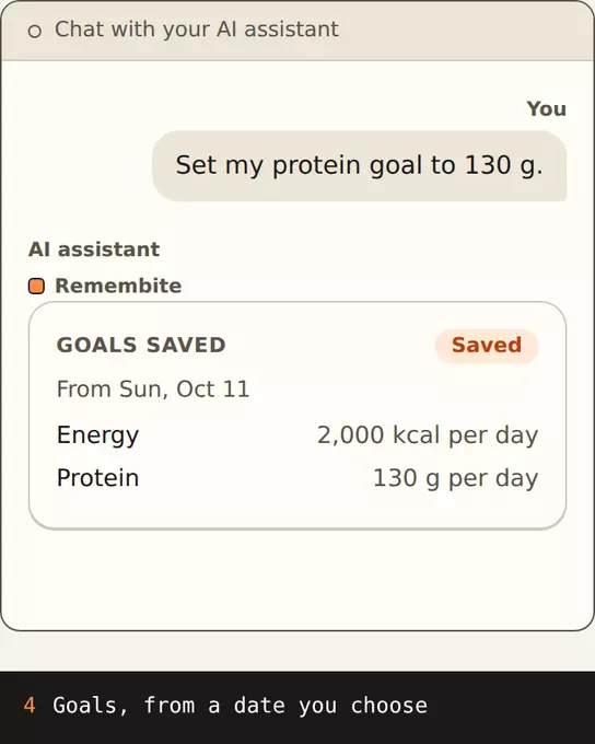 Goals saved: 2,000 kcal and 130 g protein a day