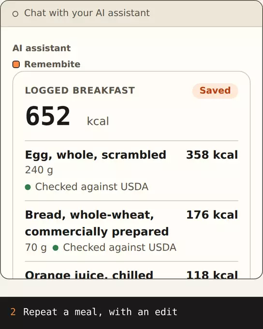 Breakfast repeated with double the eggs, saved at 652 kcal