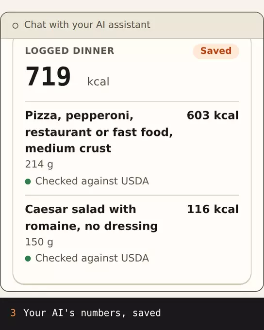 Reference range 554-823 kcal, then dinner saved at 719 kcal