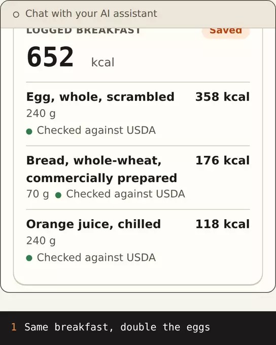 Breakfast repeated with double the eggs, then saved items