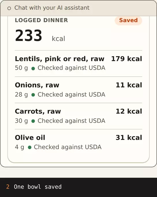 One bowl of lentil soup saved at 233 kcal, then a template