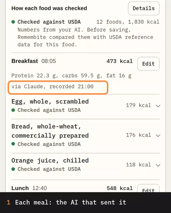 Today: a meal via Claude, foods Checked against USDA