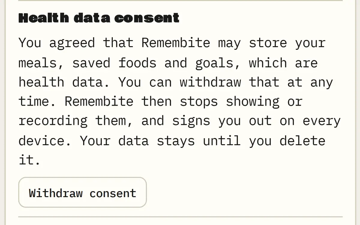 Account: health data consent with Withdraw consent