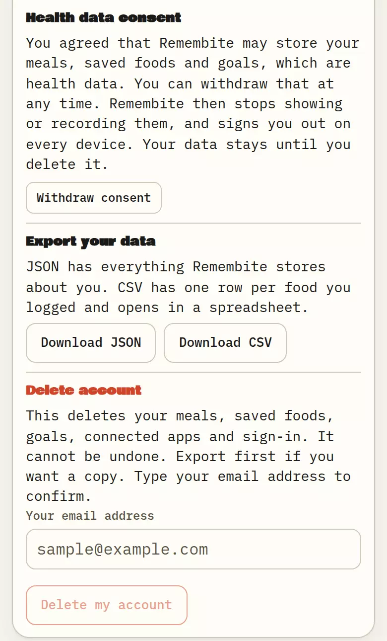 Account: health data consent, JSON and CSV export, delete