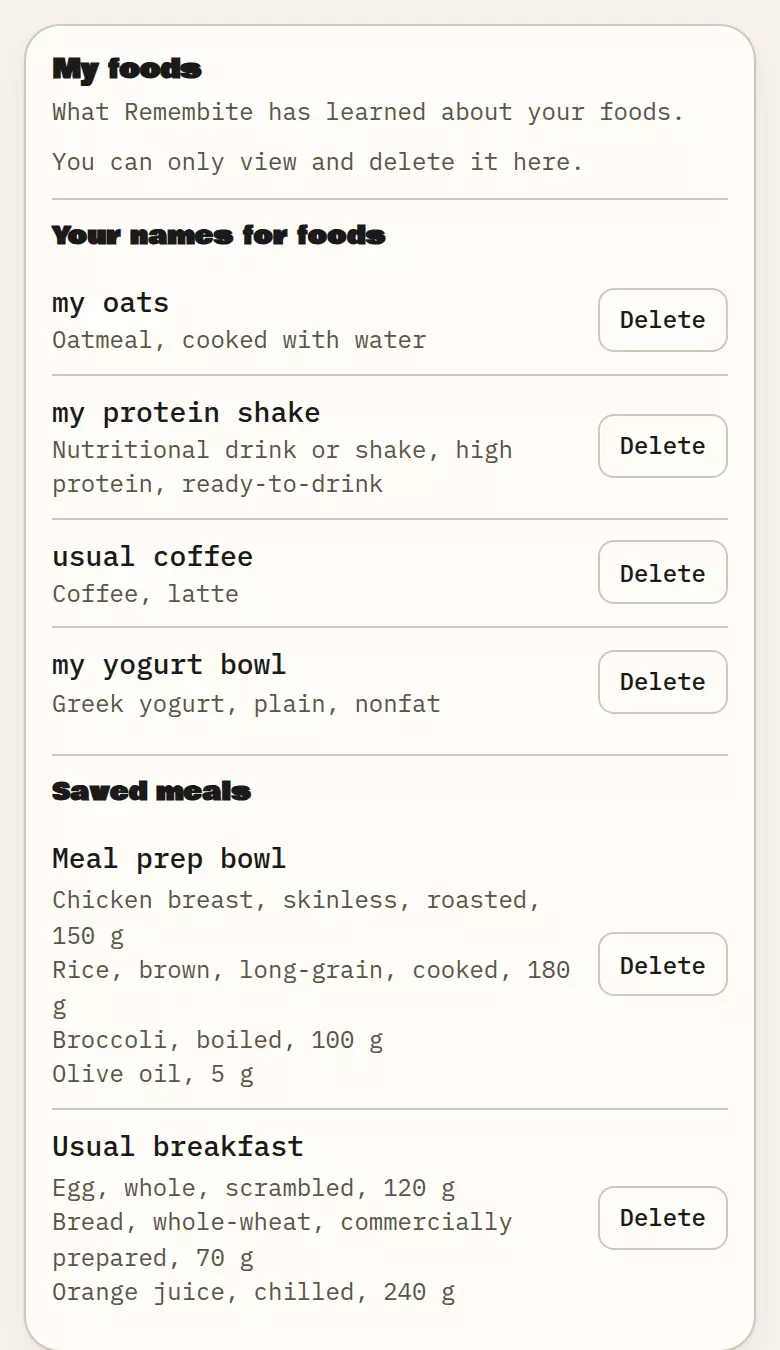 My foods: your names for foods and saved meals, with Delete