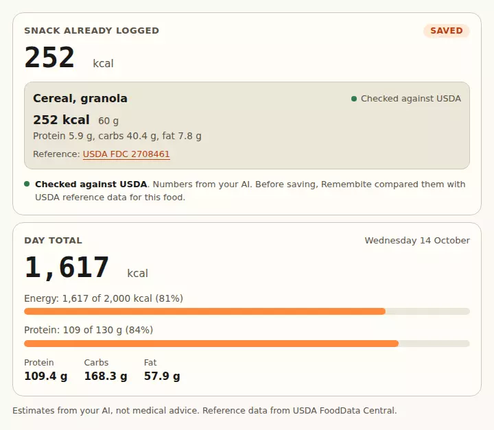 Card in a chat: granola snack saved at 252 kcal, day totals