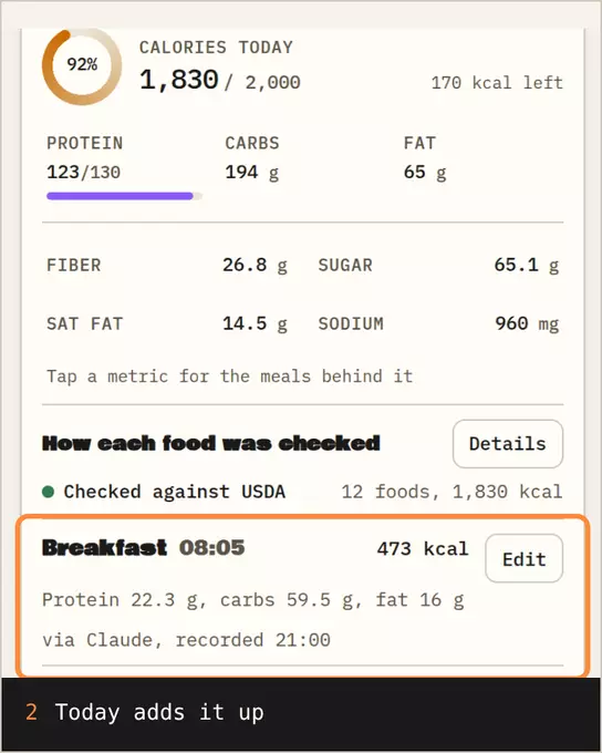 Frühstück mit 473 kcal gespeichert, dann Heute mit 1.830 kcal